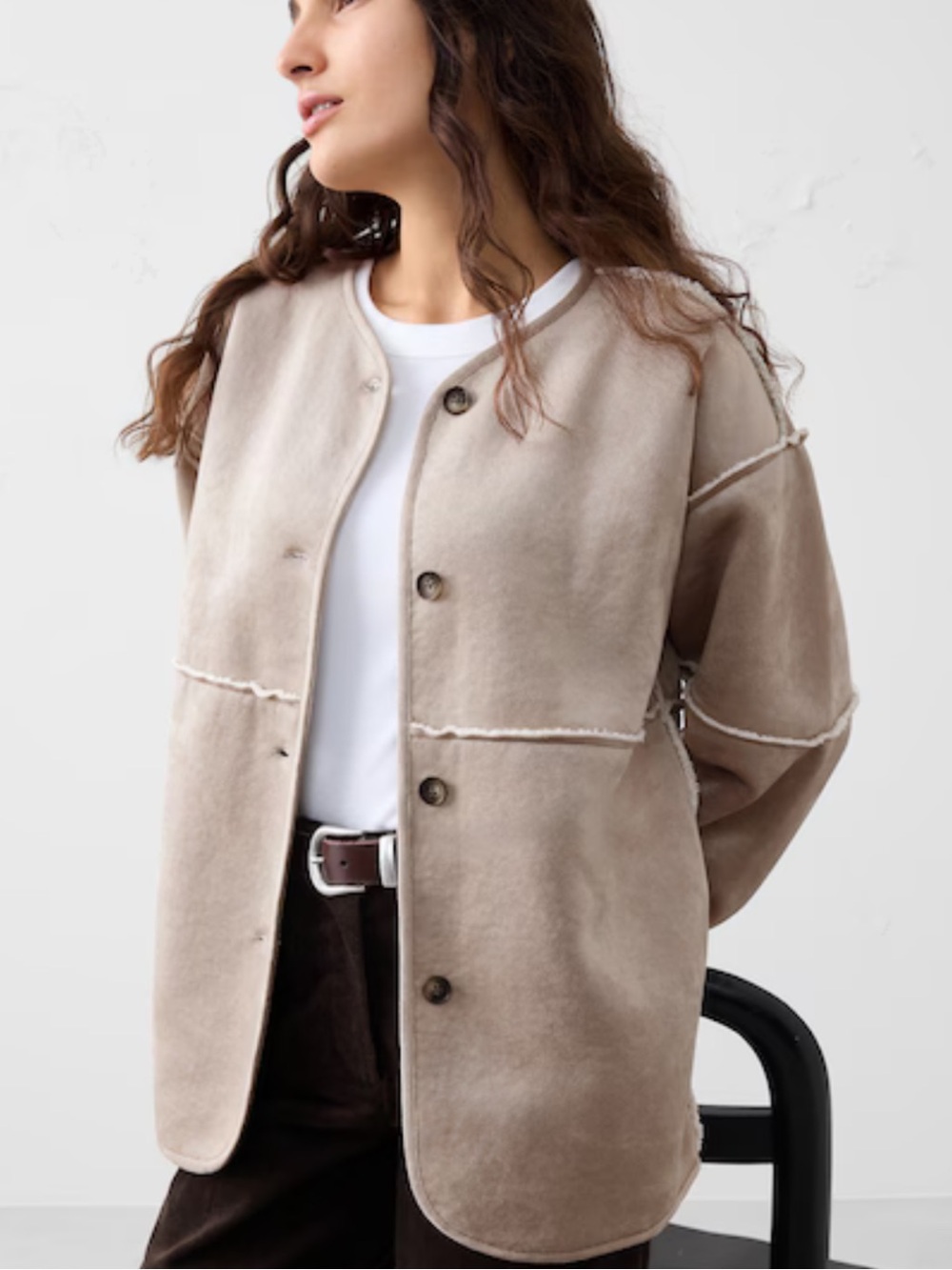 Banana Republic Reversible Vegan Suede Button Front Sherpa Jacket Small NWT Sand
